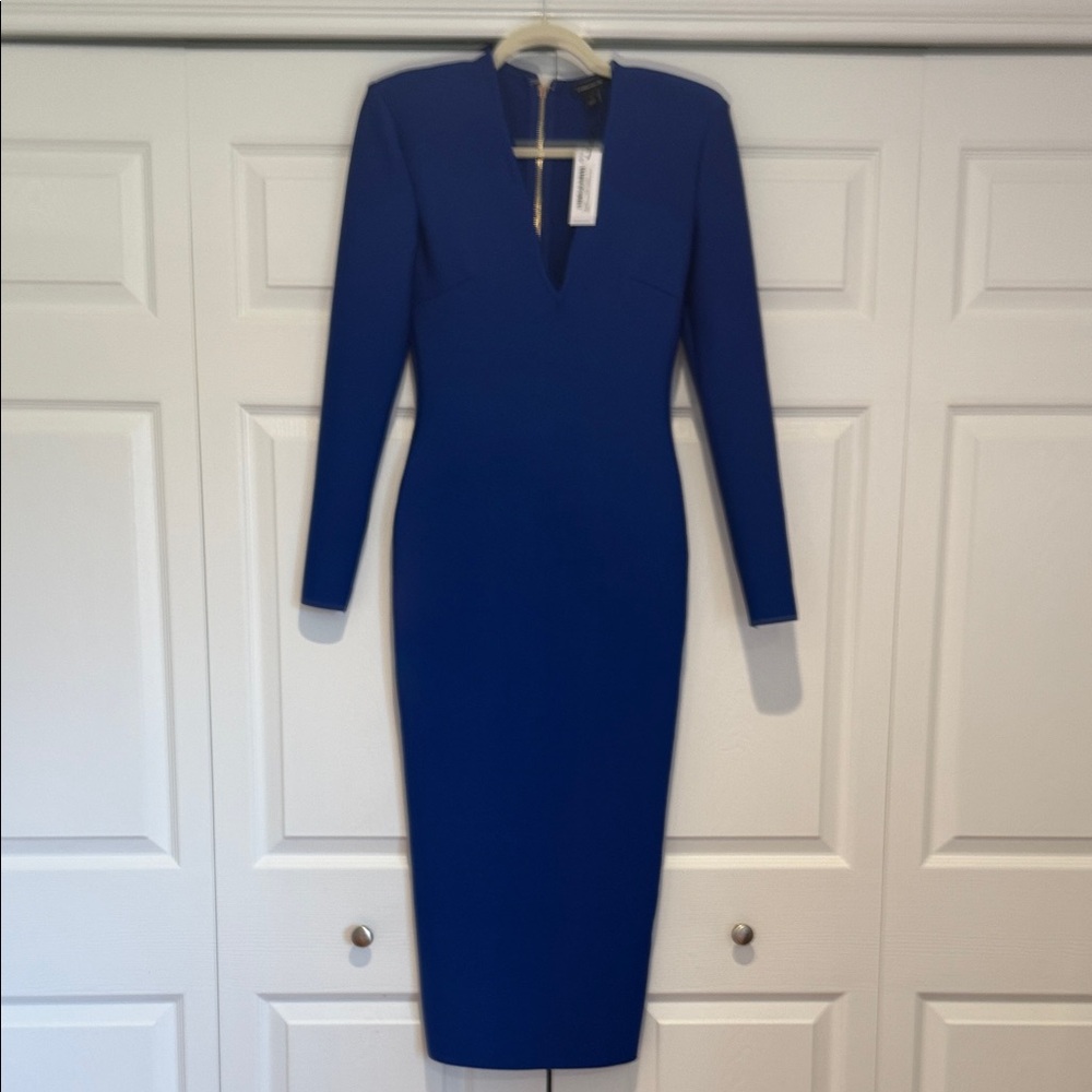 Karen Millen Cobalt Blue Long Sleeve V-Neck Midi Dress